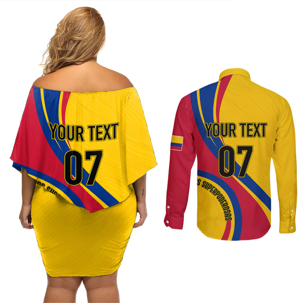 Personalised Colombia Football Couples Matching Off Shoulder Short Dress and Long Sleeve Button Shirts World Cup 2023 Chicas Superpoderosas LT7 - Wonder Print Shop