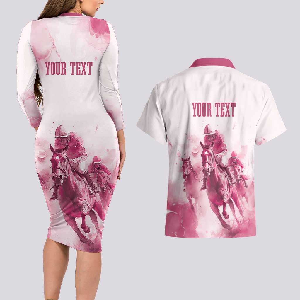 Personalised Kentucky Horse Racing Couples Matching Long Sleeve Bodycon Dress and Hawaiian Shirt 151st Anniversary - Pink Out LT7