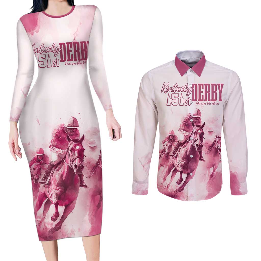 Personalised Kentucky Horse Racing Couples Matching Long Sleeve Bodycon Dress and Long Sleeve Button Shirt 151st Anniversary - Pink Out LT7