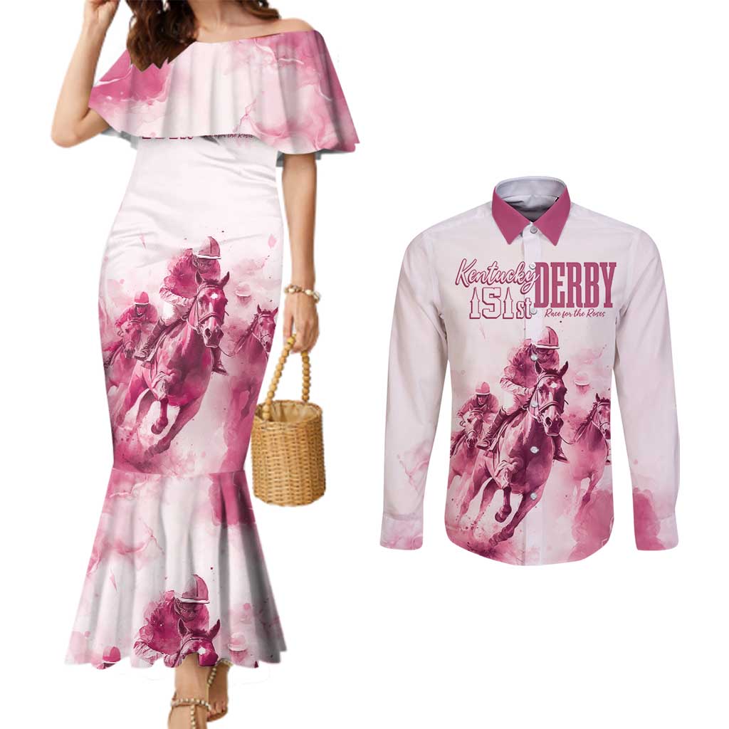 Personalised Kentucky Horse Racing Couples Matching Mermaid Dress and Long Sleeve Button Shirt 151st Anniversary - Pink Out LT7