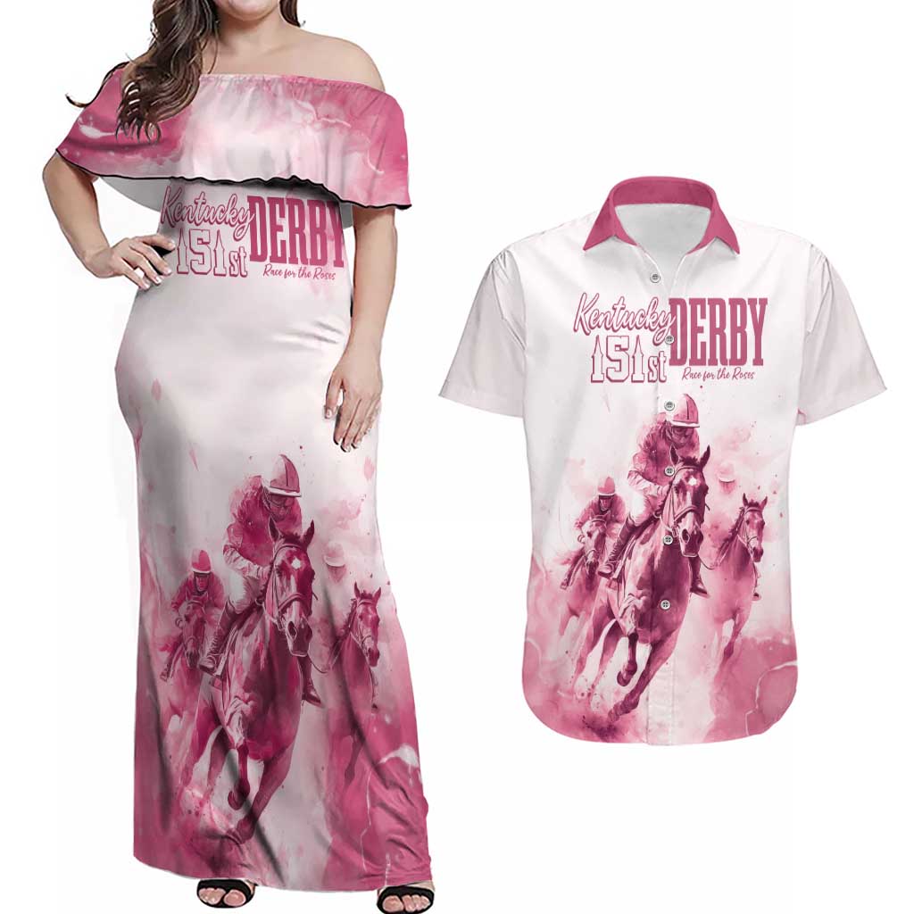 Personalised Kentucky Horse Racing Couples Matching Off Shoulder Maxi Dress and Hawaiian Shirt 151st Anniversary - Pink Out LT7