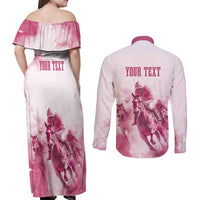 Personalised Kentucky Horse Racing Couples Matching Off Shoulder Maxi Dress and Long Sleeve Button Shirt 151st Anniversary - Pink Out LT7