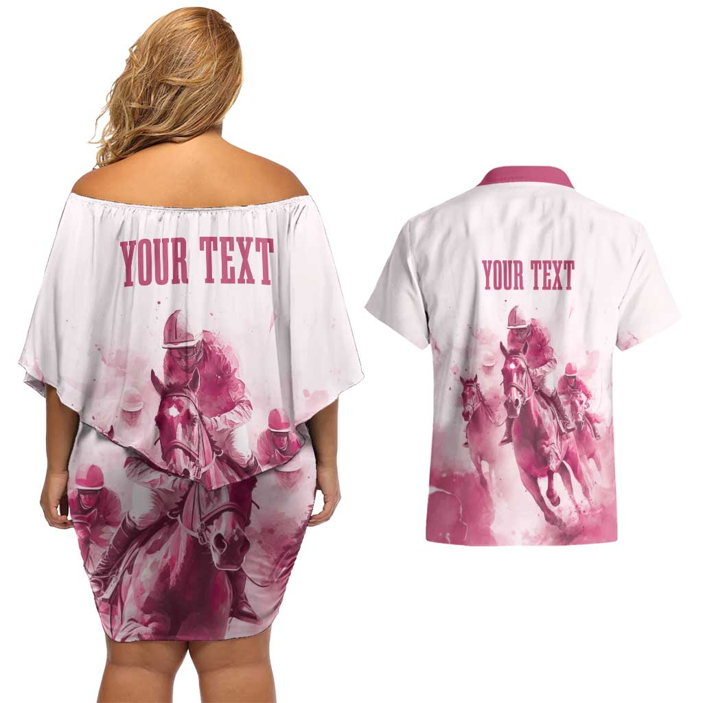 Personalised Kentucky Horse Racing Couples Matching Off Shoulder Short Dress and Hawaiian Shirt 151st Anniversary - Pink Out LT7