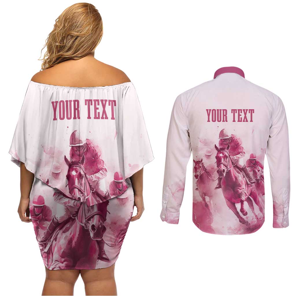 Personalised Kentucky Horse Racing Couples Matching Off Shoulder Short Dress and Long Sleeve Button Shirt 151st Anniversary - Pink Out LT7