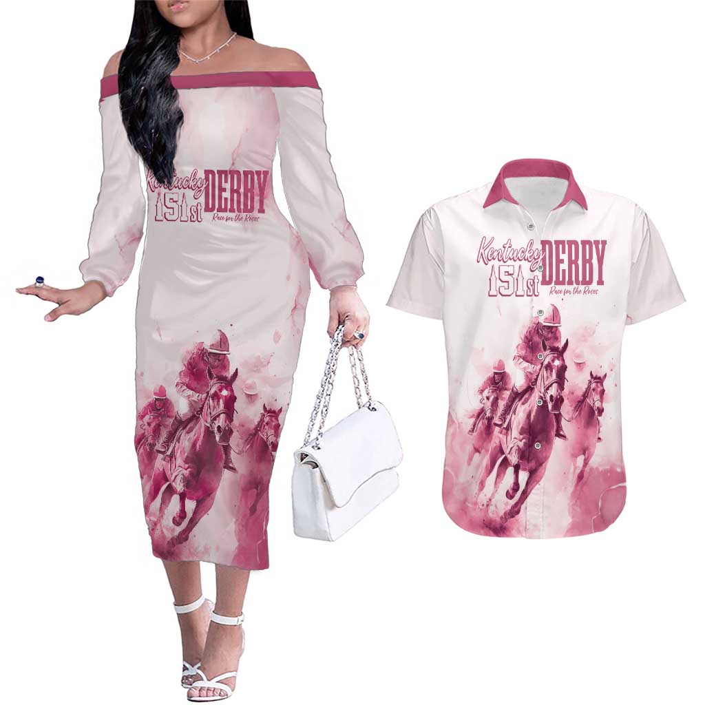 Personalised Kentucky Horse Racing Couples Matching Off The Shoulder Long Sleeve Dress and Hawaiian Shirt 151st Anniversary - Pink Out LT7