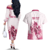 Personalised Kentucky Horse Racing Couples Matching Off The Shoulder Long Sleeve Dress and Hawaiian Shirt 151st Anniversary - Pink Out LT7
