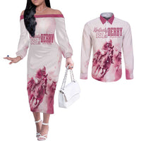 Personalised Kentucky Horse Racing Couples Matching Off The Shoulder Long Sleeve Dress and Long Sleeve Button Shirt 151st Anniversary - Pink Out LT7