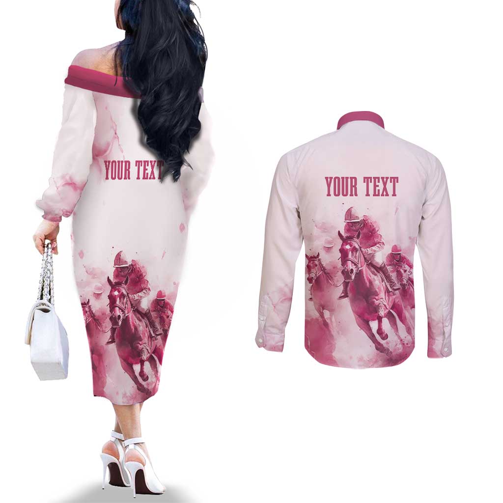 Personalised Kentucky Horse Racing Couples Matching Off The Shoulder Long Sleeve Dress and Long Sleeve Button Shirt 151st Anniversary - Pink Out LT7