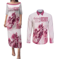 Personalised Kentucky Horse Racing Couples Matching Puletasi and Long Sleeve Button Shirt 151st Anniversary - Pink Out LT7