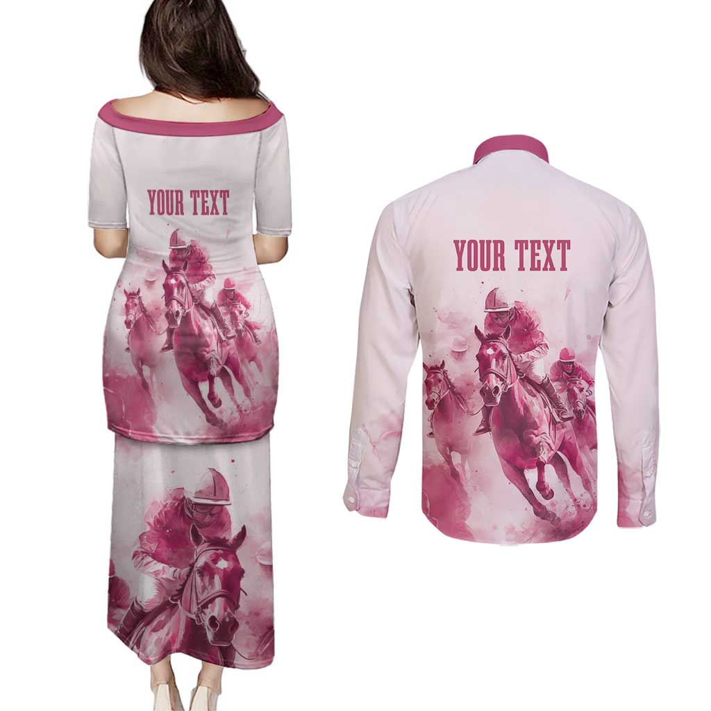Personalised Kentucky Horse Racing Couples Matching Puletasi and Long Sleeve Button Shirt 151st Anniversary - Pink Out LT7