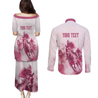 Personalised Kentucky Horse Racing Couples Matching Puletasi and Long Sleeve Button Shirt 151st Anniversary - Pink Out LT7