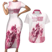 Personalised Kentucky Horse Racing Couples Matching Short Sleeve Bodycon Dress and Hawaiian Shirt 151st Anniversary - Pink Out LT7