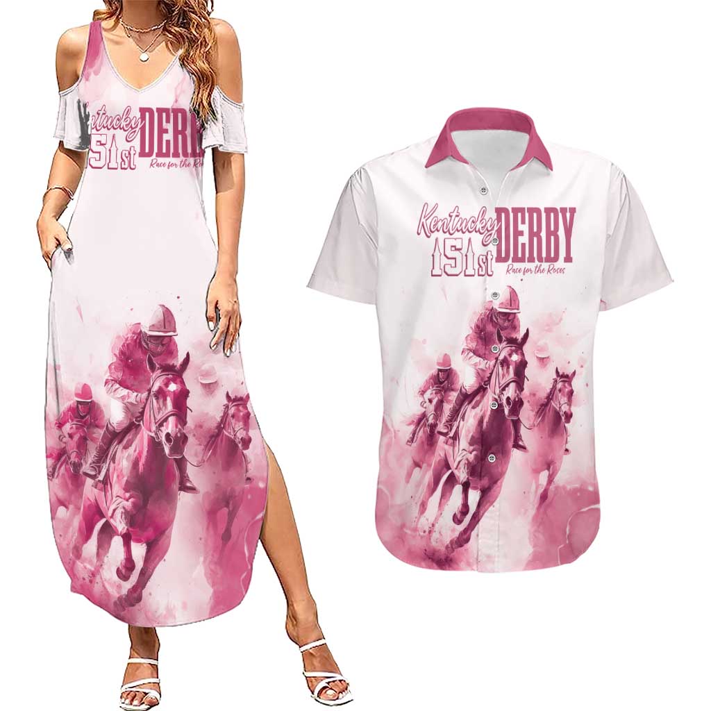 Personalised Kentucky Horse Racing Couples Matching Summer Maxi Dress and Hawaiian Shirt 151st Anniversary - Pink Out LT7