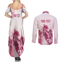 Personalised Kentucky Horse Racing Couples Matching Summer Maxi Dress and Long Sleeve Button Shirt 151st Anniversary - Pink Out LT7