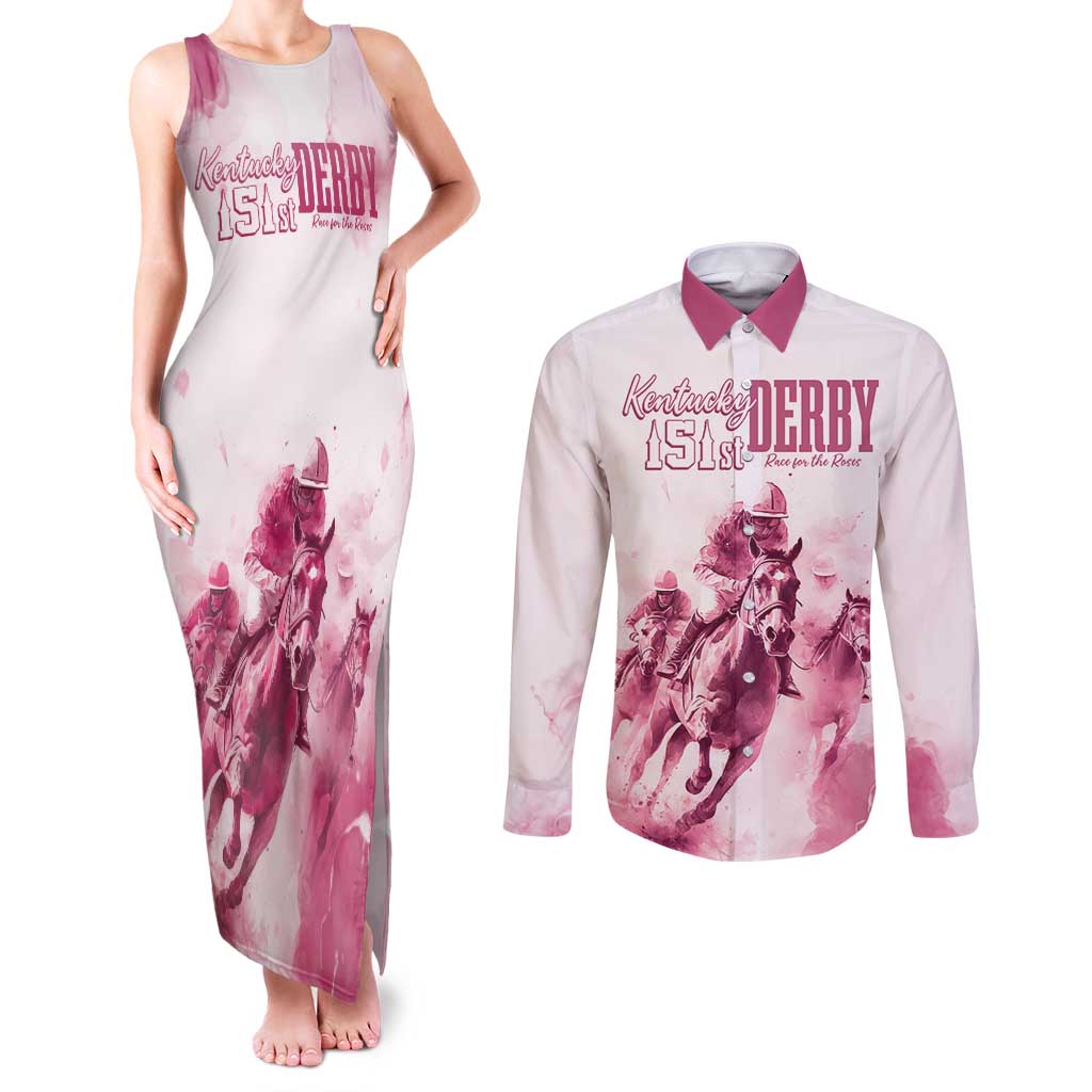 Personalised Kentucky Horse Racing Couples Matching Tank Maxi Dress and Long Sleeve Button Shirt 151st Anniversary - Pink Out LT7