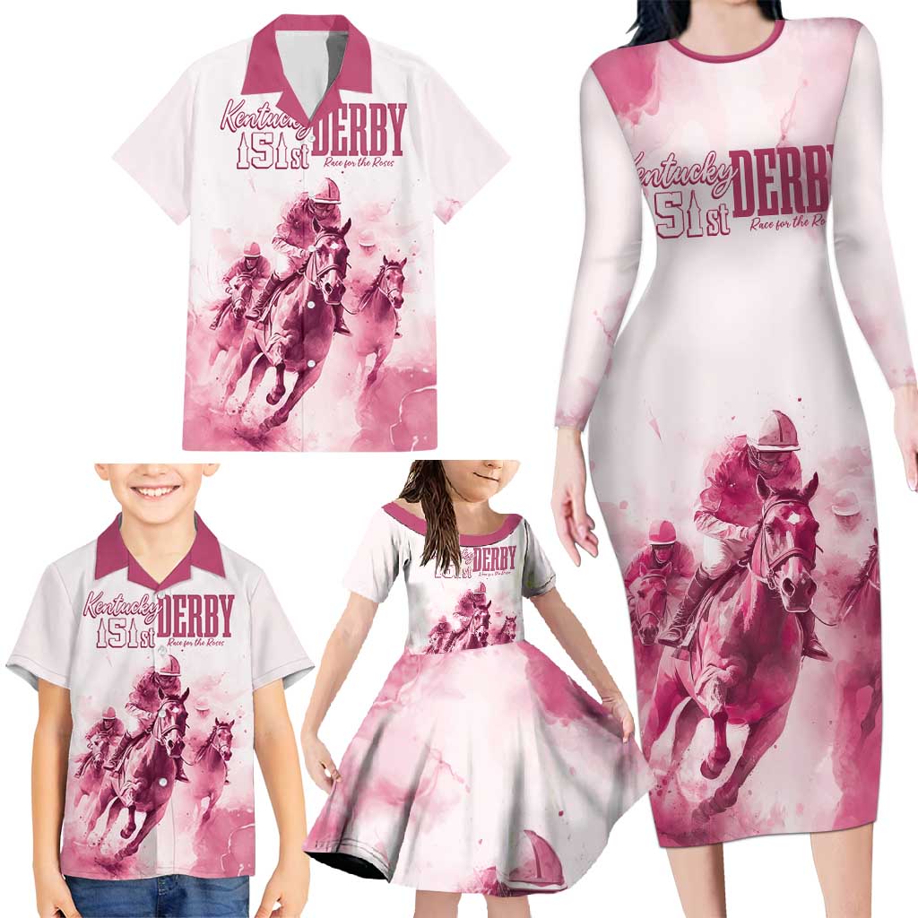 Personalised Kentucky Horse Racing Family Matching Long Sleeve Bodycon Dress and Hawaiian Shirt 151st Anniversary - Pink Out LT7