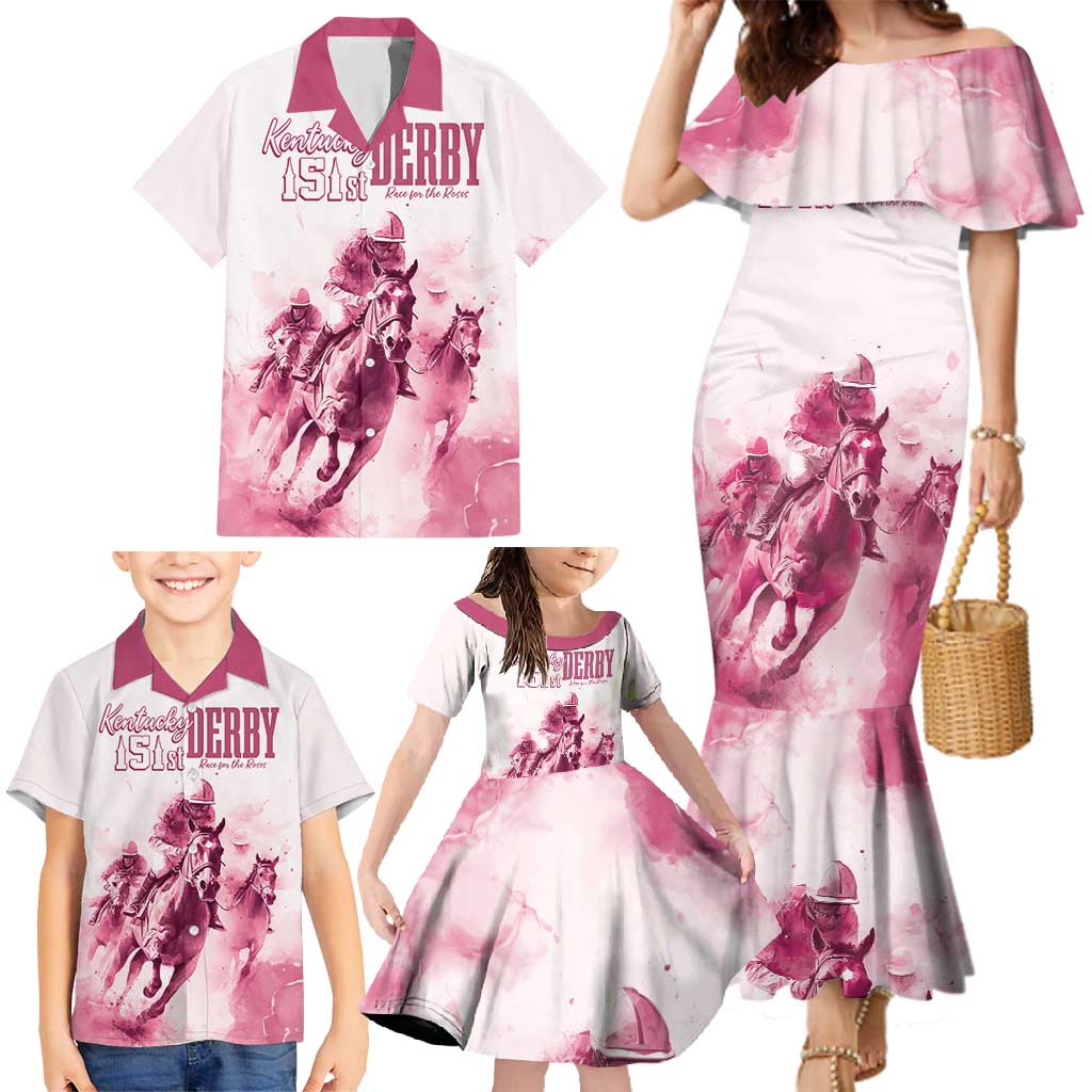 Personalised Kentucky Horse Racing Family Matching Mermaid Dress and Hawaiian Shirt 151st Anniversary - Pink Out LT7
