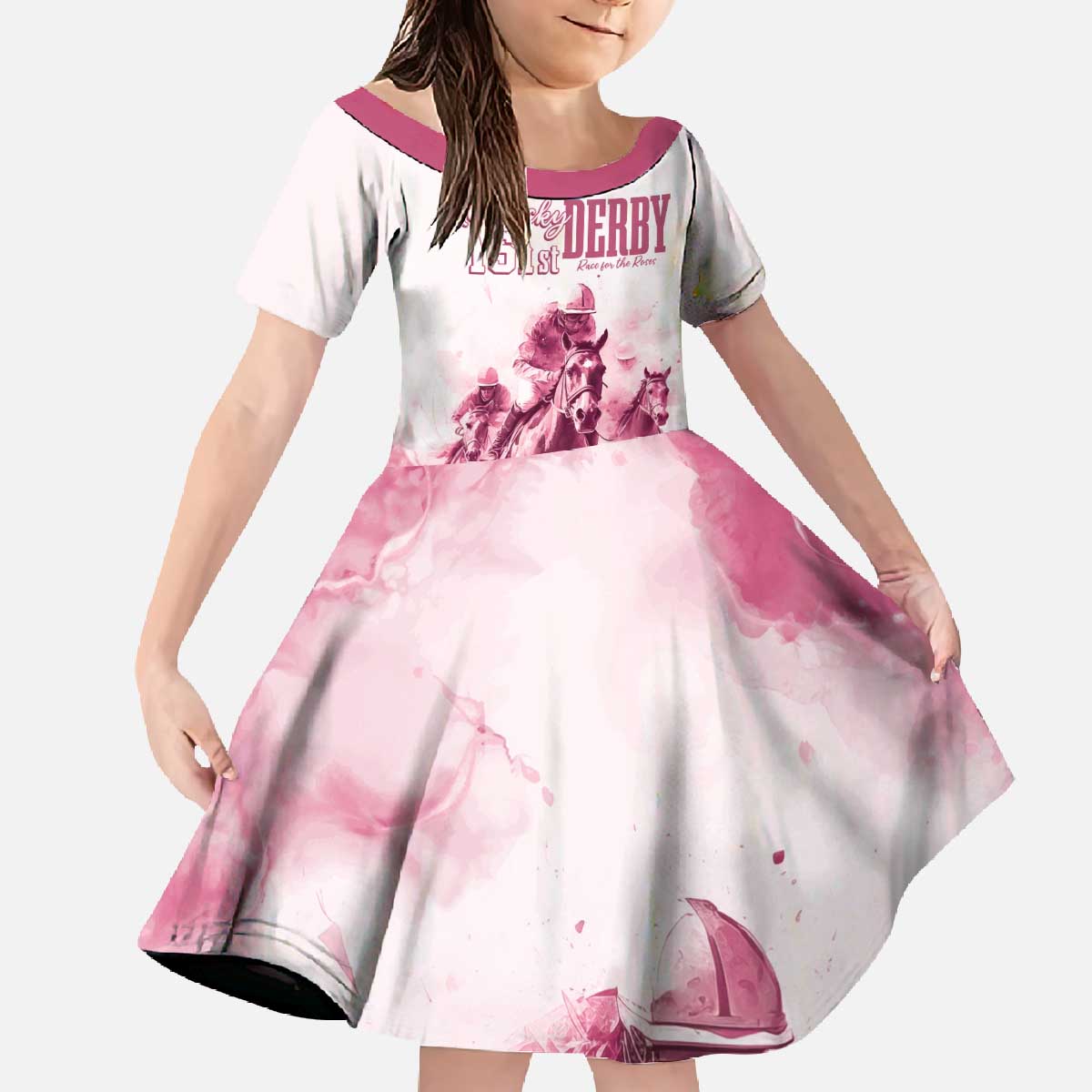 Personalised Kentucky Horse Racing Family Matching Off Shoulder Long Sleeve Dress and Hawaiian Shirt 151st Anniversary - Pink Out LT7