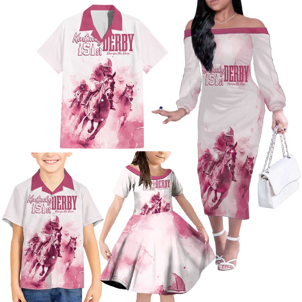 Personalised Kentucky Horse Racing Family Matching Off Shoulder Long Sleeve Dress and Hawaiian Shirt 151st Anniversary - Pink Out LT7