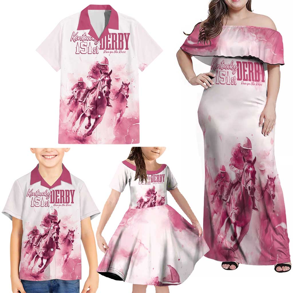 Personalised Kentucky Horse Racing Family Matching Off Shoulder Maxi Dress and Hawaiian Shirt 151st Anniversary - Pink Out LT7