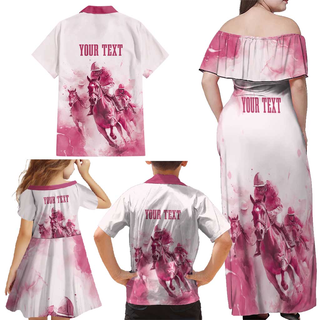 Personalised Kentucky Horse Racing Family Matching Off Shoulder Maxi Dress and Hawaiian Shirt 151st Anniversary - Pink Out LT7
