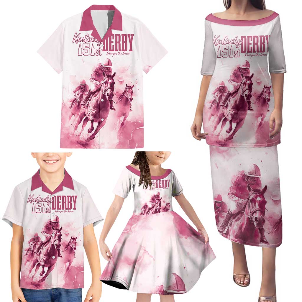 Personalised Kentucky Horse Racing Family Matching Puletasi and Hawaiian Shirt 151st Anniversary - Pink Out LT7