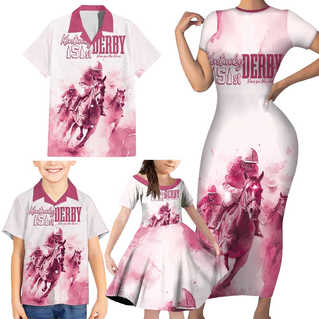 Personalised Kentucky Horse Racing Family Matching Short Sleeve Bodycon Dress and Hawaiian Shirt 151st Anniversary - Pink Out LT7