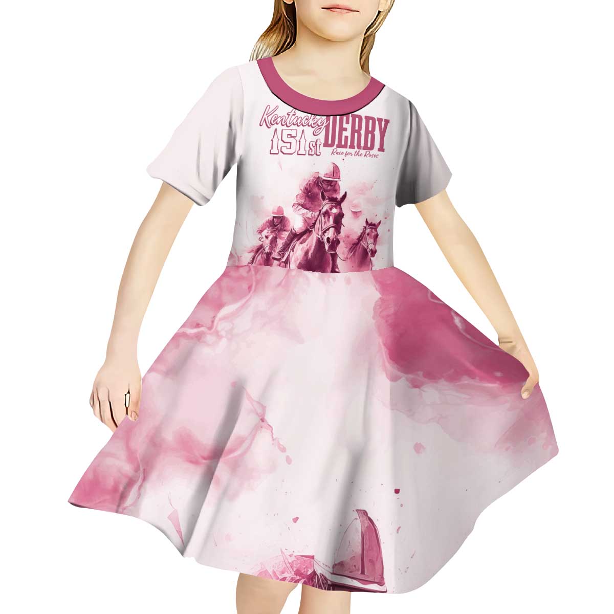 Personalised Kentucky Horse Racing Kid Short Sleeve Dress 151st Anniversary - Pink Out LT7