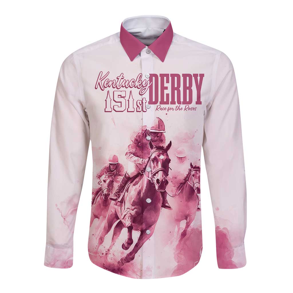 Personalised Kentucky Horse Racing Long Sleeve Button Shirt 151st Anniversary - Pink Out LT7