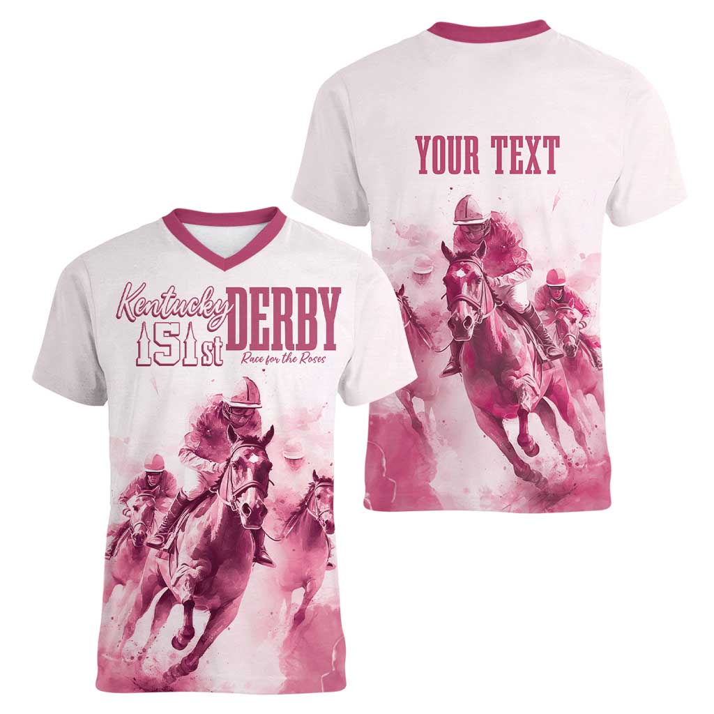 Personalised Kentucky Horse Racing Women V Neck T Shirt 151st Anniversary - Pink Out LT7