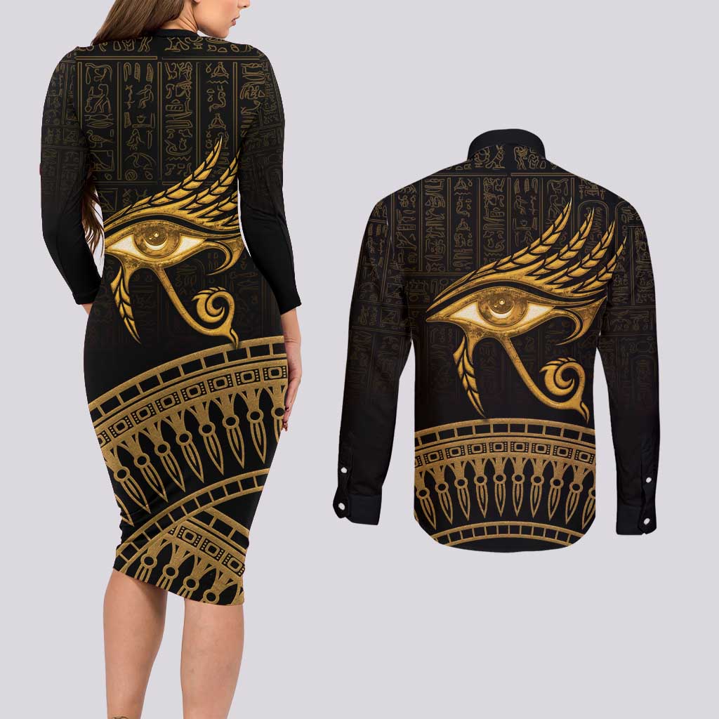 Ancient Egypt Eye of Horus Couples Matching Long Sleeve Bodycon Dress and Long Sleeve Button Shirt Gold Intricate Feathers
