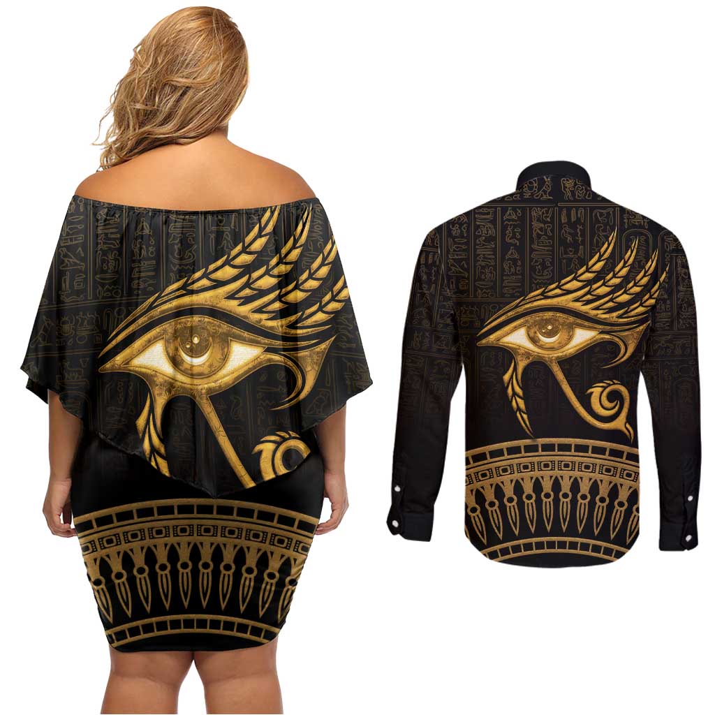 Ancient Egypt Eye of Horus Couples Matching Off Shoulder Short Dress and Long Sleeve Button Shirt Gold Intricate Feathers