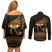 Ancient Egypt Eye of Horus Couples Matching Off Shoulder Short Dress and Long Sleeve Button Shirt Gold Intricate Feathers