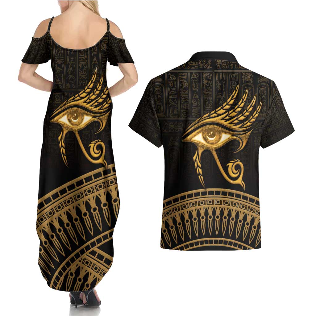 Ancient Egypt Eye of Horus Couples Matching Summer Maxi Dress and Hawaiian Shirt Gold Intricate Feathers