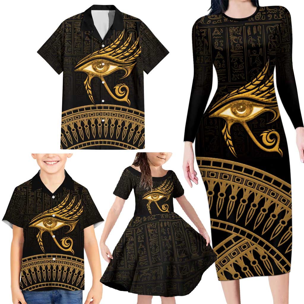 Ancient Egypt Eye of Horus Family Matching Long Sleeve Bodycon Dress and Hawaiian Shirt Gold Intricate Feathers