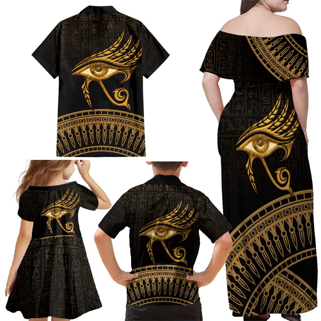 Ancient Egypt Eye of Horus Family Matching Off Shoulder Maxi Dress and Hawaiian Shirt Gold Intricate Feathers