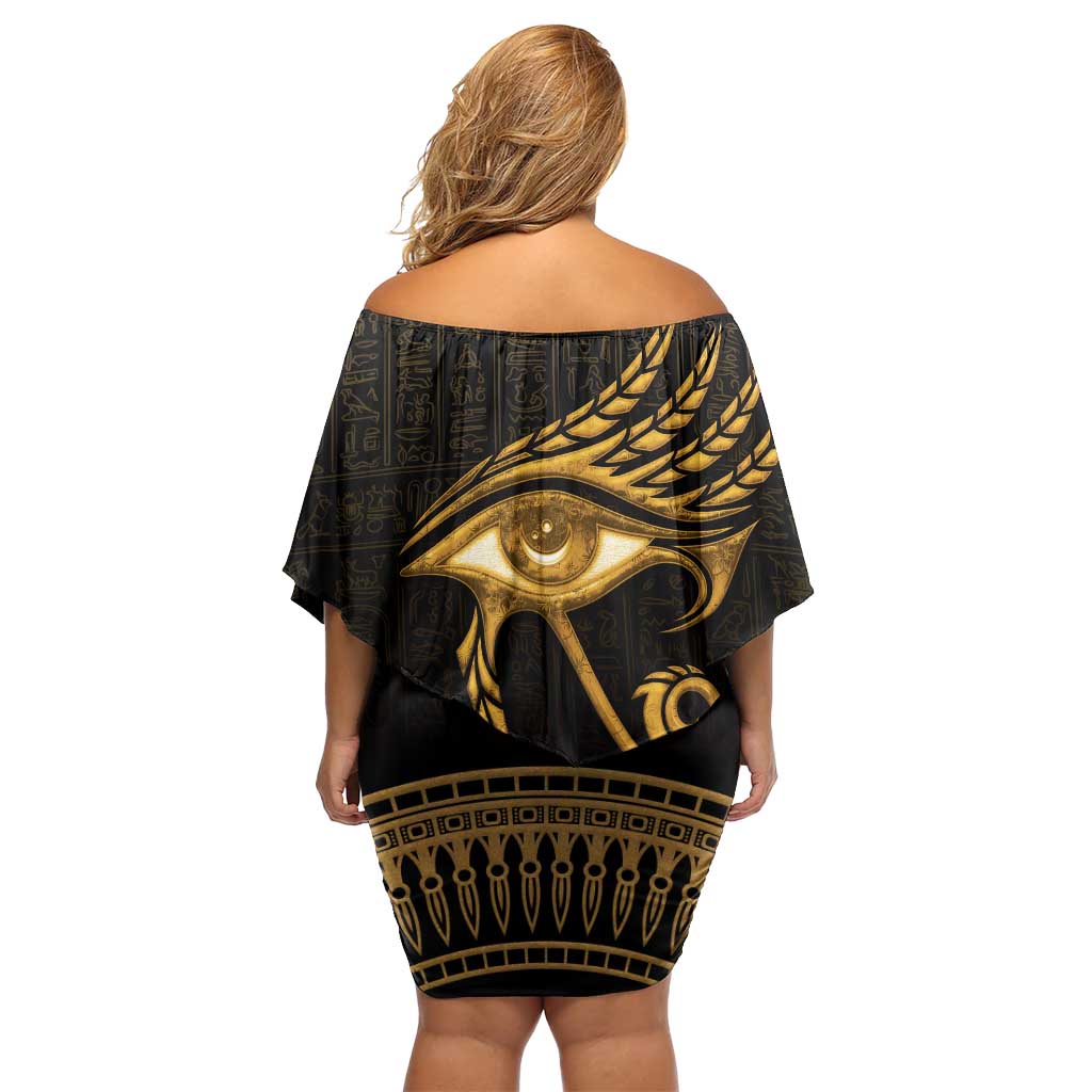 Ancient Egypt Eye of Horus Family Matching Off Shoulder Short Dress and Hawaiian Shirt Gold Intricate Feathers