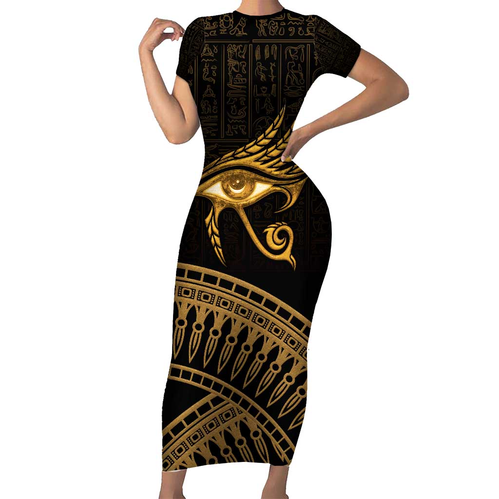 Ancient Egypt Eye of Horus Family Matching Short Sleeve Bodycon Dress and Hawaiian Shirt Gold Intricate Feathers