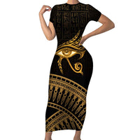 Ancient Egypt Eye of Horus Family Matching Short Sleeve Bodycon Dress and Hawaiian Shirt Gold Intricate Feathers