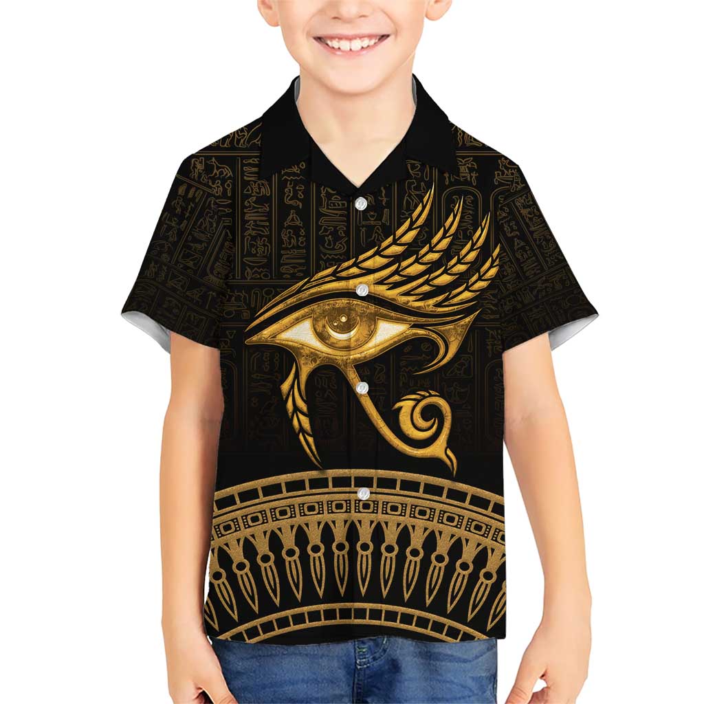 Ancient Egypt Eye of Horus Family Matching Short Sleeve Bodycon Dress and Hawaiian Shirt Gold Intricate Feathers