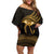 Ancient Egypt Eye of Horus Off Shoulder Short Dress Gold Intricate Feathers