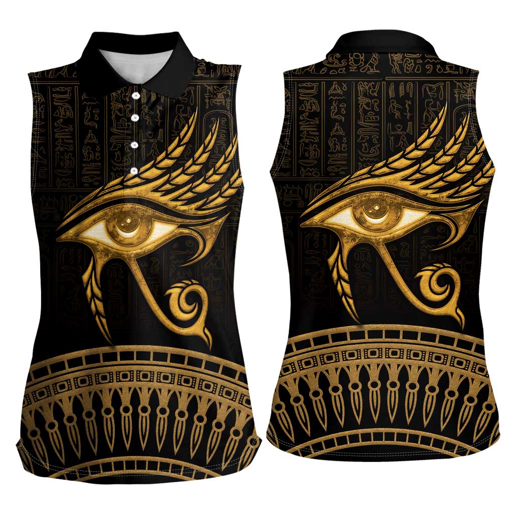 Ancient Egypt Eye of Horus Women Sleeveless Polo Shirt Gold Intricate Feathers