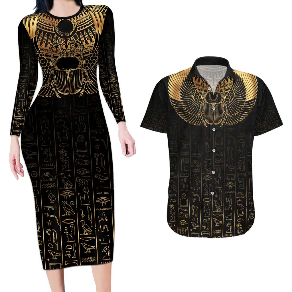 Ancient Egypt Scarab Couples Matching Long Sleeve Bodycon Dress and Hawaiian Shirt Black Gold