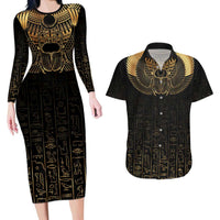 Ancient Egypt Scarab Couples Matching Long Sleeve Bodycon Dress and Hawaiian Shirt Black Gold