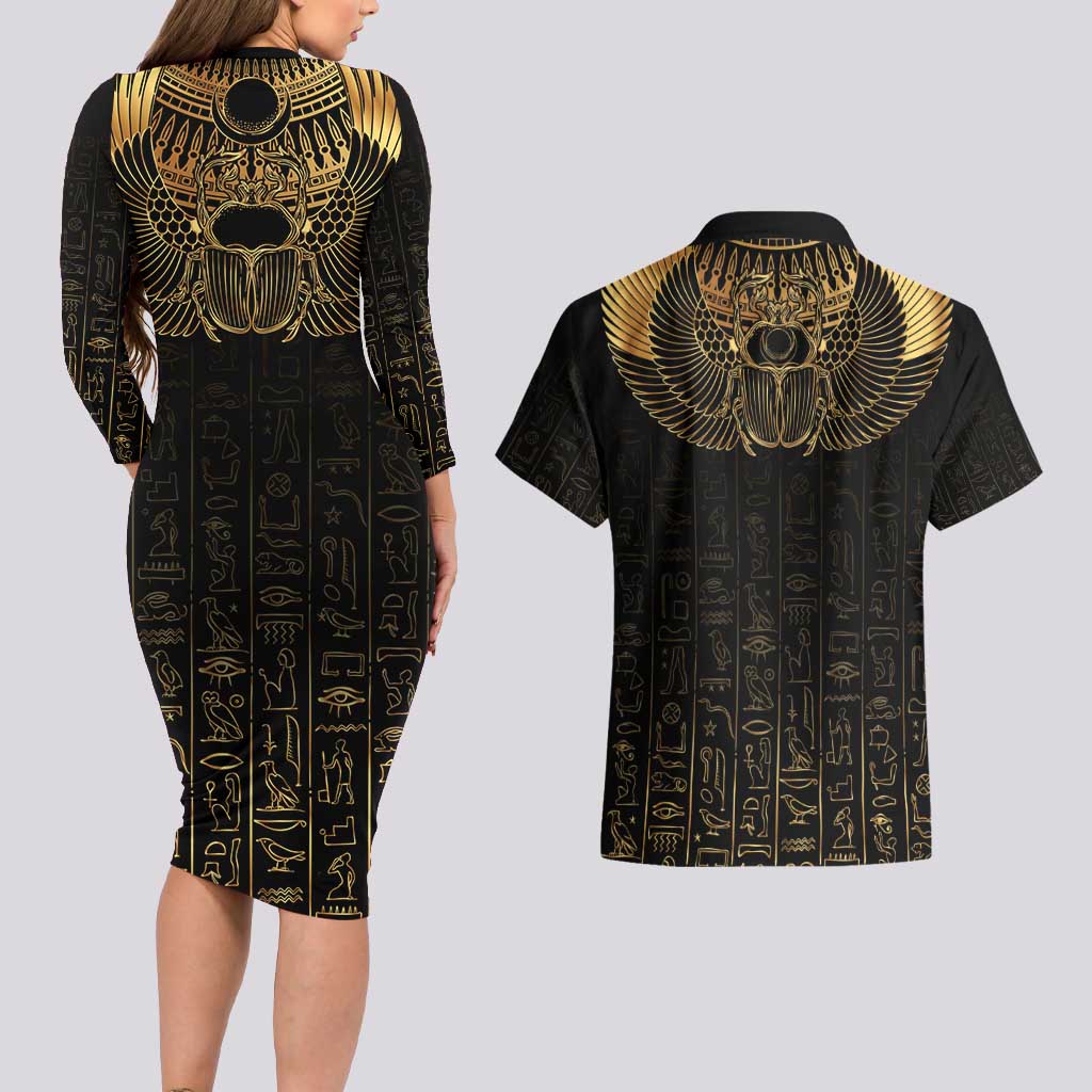 Ancient Egypt Scarab Couples Matching Long Sleeve Bodycon Dress and Hawaiian Shirt Black Gold