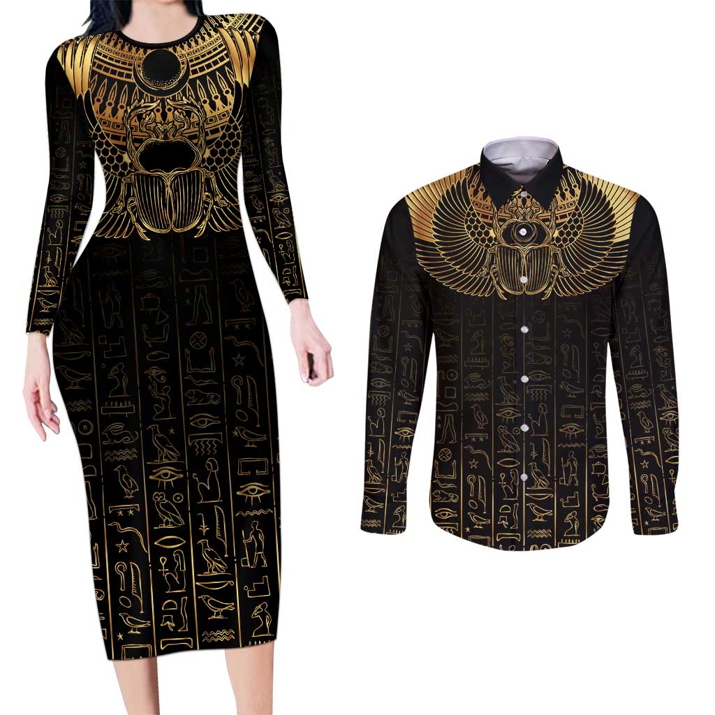 Ancient Egypt Scarab Couples Matching Long Sleeve Bodycon Dress and Long Sleeve Button Shirt Black Gold