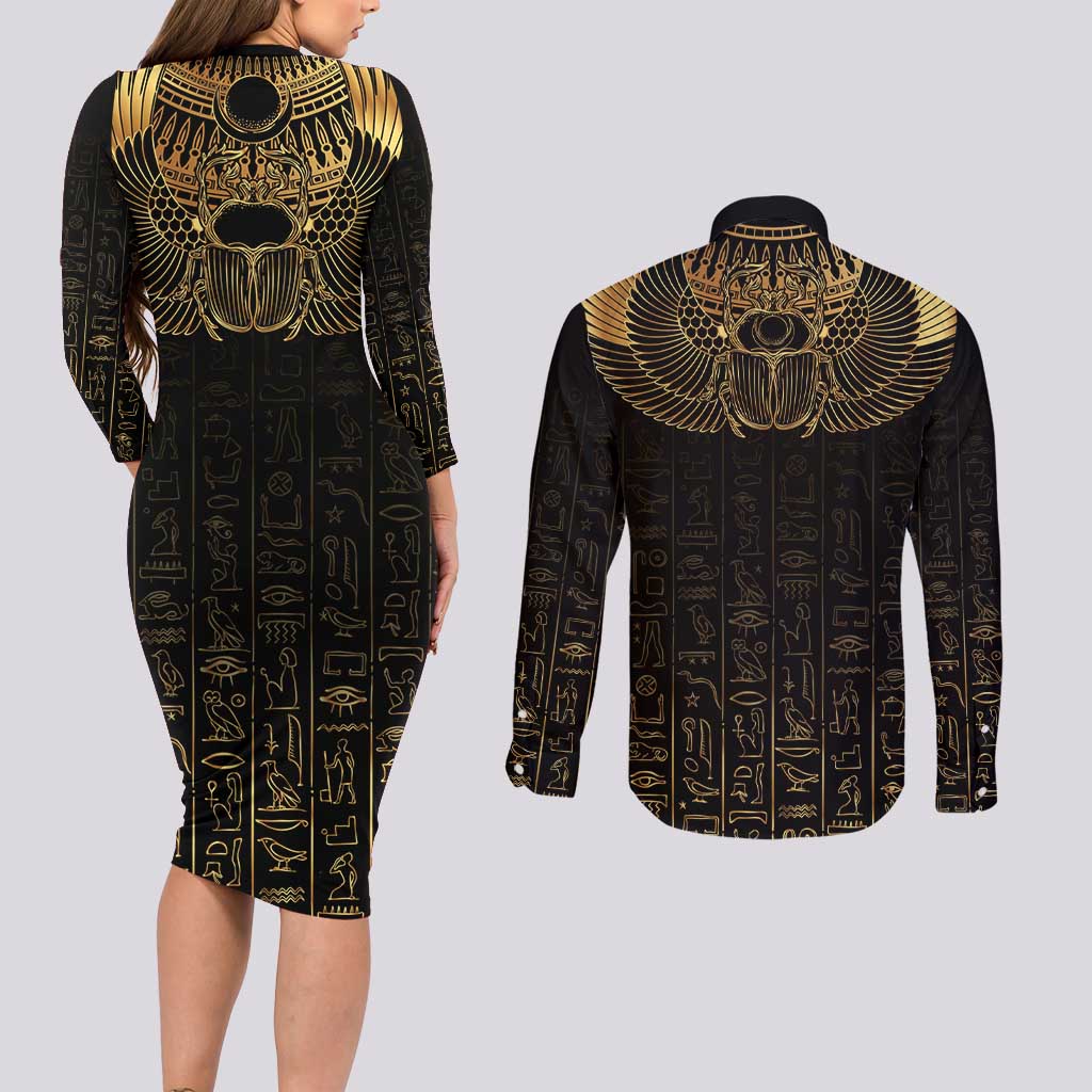 Ancient Egypt Scarab Couples Matching Long Sleeve Bodycon Dress and Long Sleeve Button Shirt Black Gold