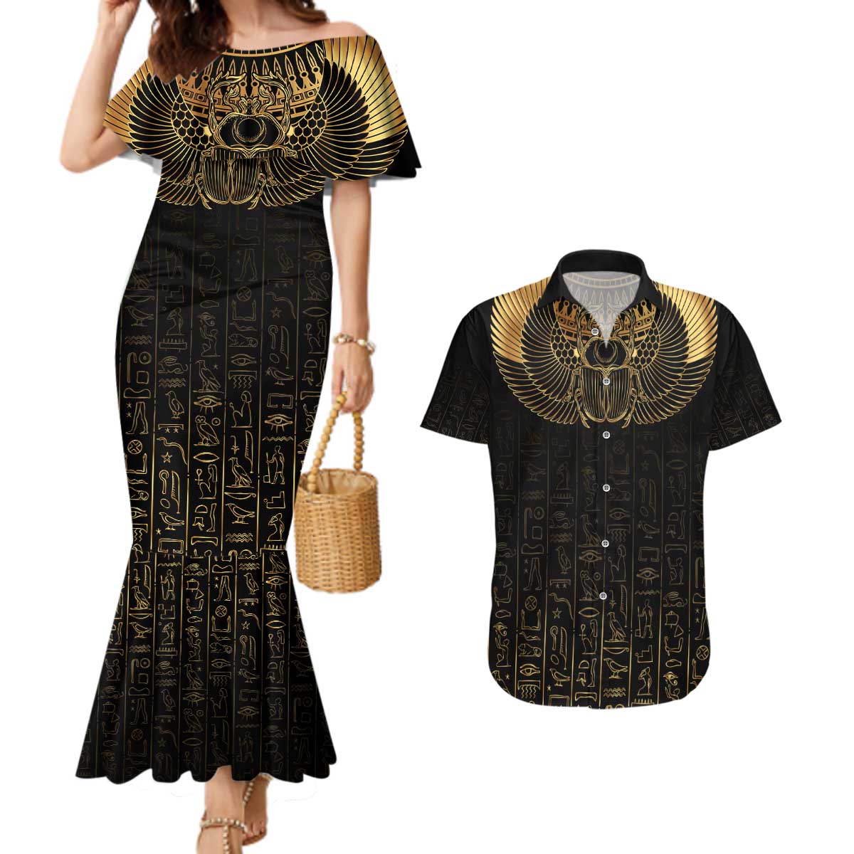 Ancient Egypt Scarab Couples Matching Mermaid Dress and Hawaiian Shirt Black Gold
