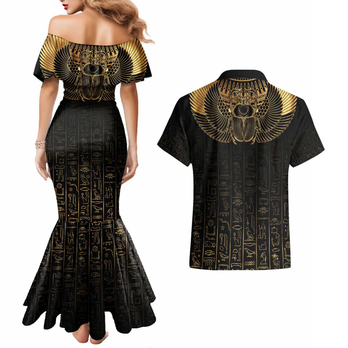 Ancient Egypt Scarab Couples Matching Mermaid Dress and Hawaiian Shirt Black Gold