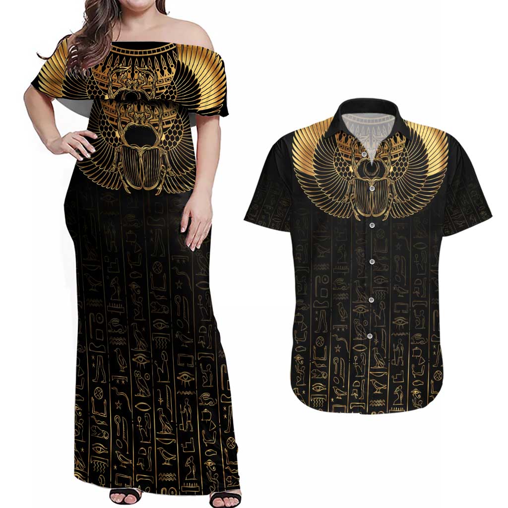 Ancient Egypt Scarab Couples Matching Off Shoulder Maxi Dress and Hawaiian Shirt Black Gold